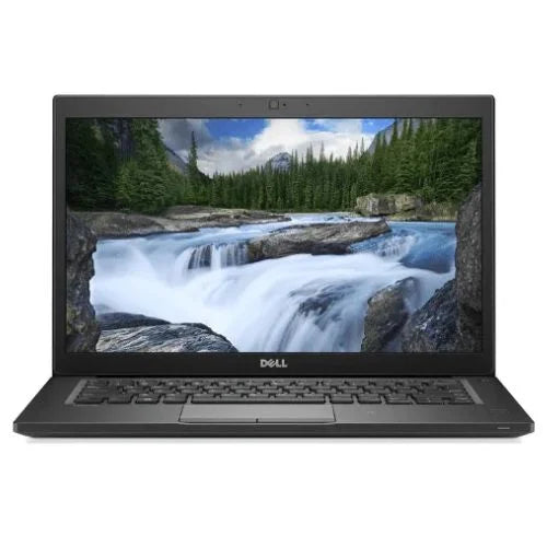 Dell Latitude E7490 laptop with a display showing a natural landscape image, keyboard visible, screen on.