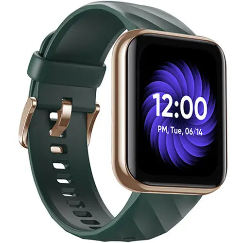 Dizo Watch D by Realme TechLifewith a green band and rose gold frame on a white background