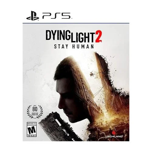 This image features the cover art for "Dying Light 2" on PlayStation 5. The design prominently displays a decaying, zombie-like face in the foreground, with a dramatic, smoky background that suggests a post-apocalyptic setting.