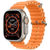 EW08 Ultra digital smart watch with a orange silicone strap and a silver metal case, displaying a digital screen.