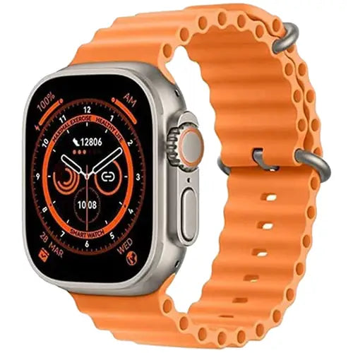 EW08 Ultra digital smart watch with a orange silicone strap and a silver metal case, displaying a digital screen.