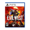 A game 'Evil West PS5' featuring a vibrant cover art with a character on horseback against a fiery backdrop.