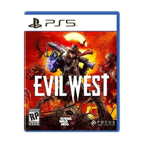 A game 'Evil West PS5' featuring a vibrant cover art with a character on horseback against a fiery backdrop.