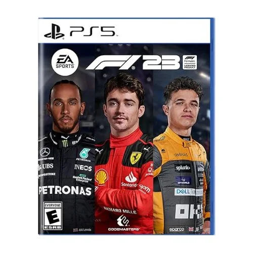 A PS5 game case for 'F1 23 PS5' featuring images of three Formula 1 racing drivers on the front.