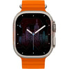 F8 Ultra Max smartwatch with orange band and cityscape display on white background