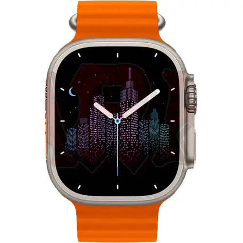 F8 Ultra Max smartwatch with orange band and cityscape display on white background