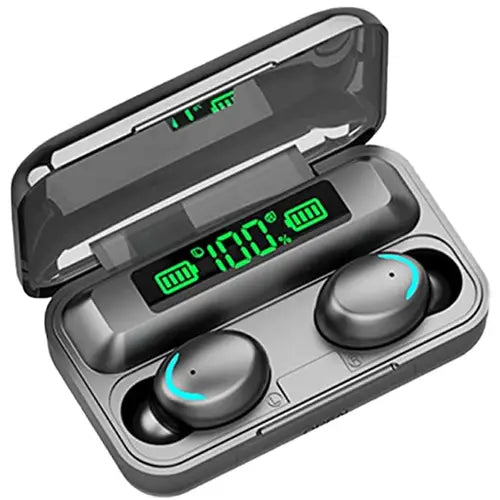 A pair of F9 Airdots Pro with Power Bank in black color with blue accents, placed inside a charging case that has a digital display showing battery life.