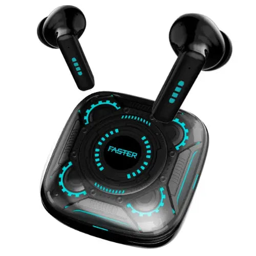 Black wireless earbuds with blue accents on a charging case, featuring the brand 'Faster'. FASTER-RGBP1 ENC-EARBUDS