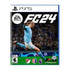 A  game case for  PS5 'FC 24 PS5' featuring an image of a soccer player in mid-kick, with the EA Sports logo and various gaming icons indicating the game's features.