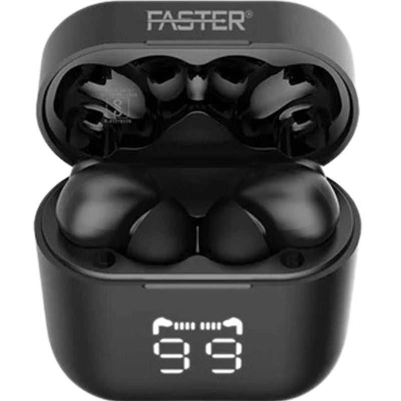 Black wireless earbuds in an open charging case, with the brand name 'FASTER' visible on the case. Faster E20 Pro ENC Wireless Earbuds