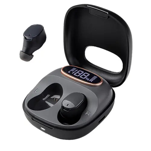 A pair of wireless stereo earbuds in black color, with a charging case open to reveal the earbuds inside. The case has a digital display on the front.