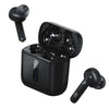A pair of Faster True Wireless Noise Reduction Earbuds (E20) black true wireless noise reduction earbuds with a charging case open, showing the earbuds inside.