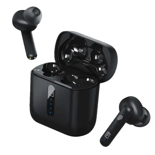 A pair of Faster True Wireless Noise Reduction Earbuds (E20) black true wireless noise reduction earbuds with a charging case open, showing the earbuds inside.