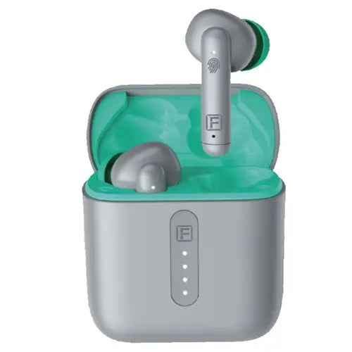 A pair of gray Faster True Wireless Noise Reduction Earbuds (E20) with a charging case open, showing the earbuds inside.