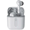A pair of white Faster True Wireless Noise Reduction Earbuds (E20)with a charging case open, showing the earbuds inside.