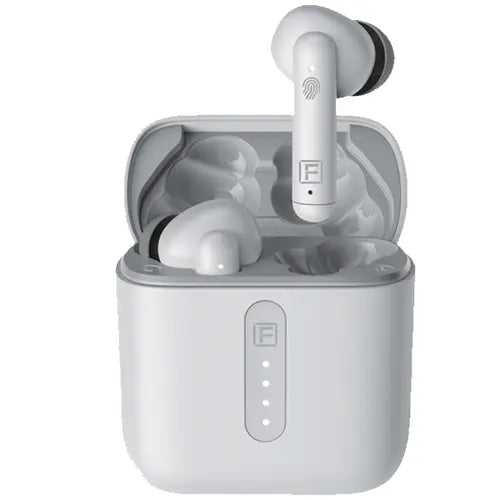 A pair of white Faster True Wireless Noise Reduction Earbuds (E20)with a charging case open, showing the earbuds inside.
