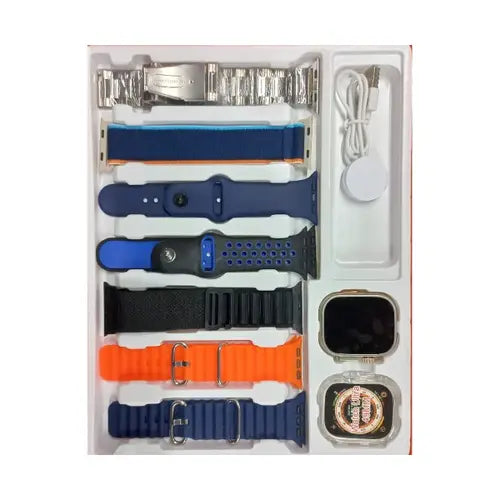 Fendior S100 Ultra A collection of smart watch accessories including bands, watch faces, and a charging cable neatly arranged in a box.