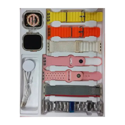 Fendior S100 Ultra A collection of smart watch accessories including bands, watch faces, and a charging cable neatly arranged in a box.