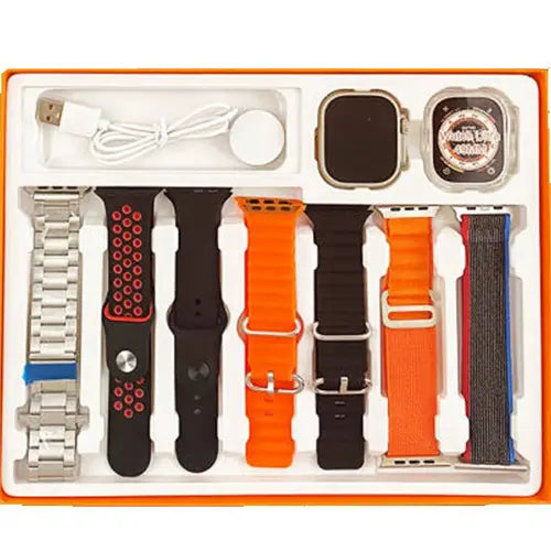 Fendior S100 Ultra A collection of smart watch accessories including bands, watch faces, and a charging cable neatly arranged in a box.