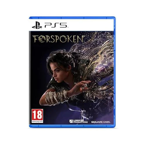 This image features the cover of "Forspoken PS5". The game's artwork displays a female character in a dynamic pose, adorned with metallic and magical energy-themed accessories, against a backdrop of sparkling particles set in a dark, whimsical environment.