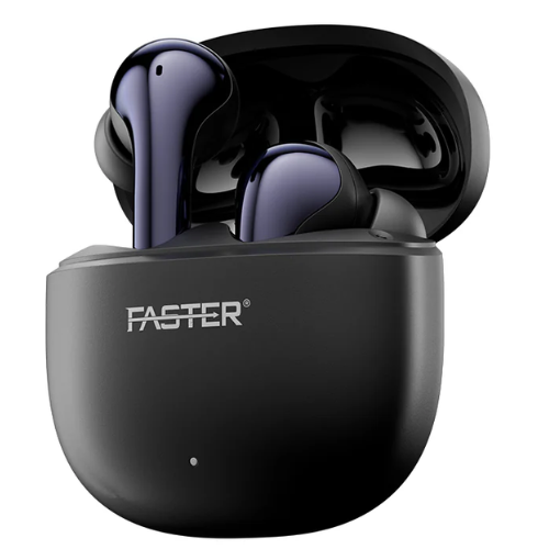 A pair of black Faster brand earphones with active noise cancellation, displayed inside their charging case.