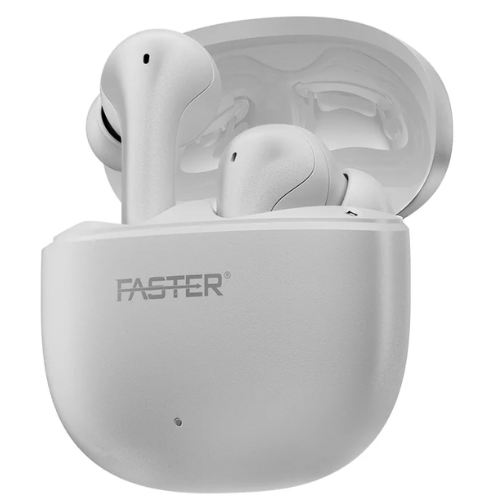 A pair of white Faster brand earphones with active noise cancellation, displayed inside their charging case.