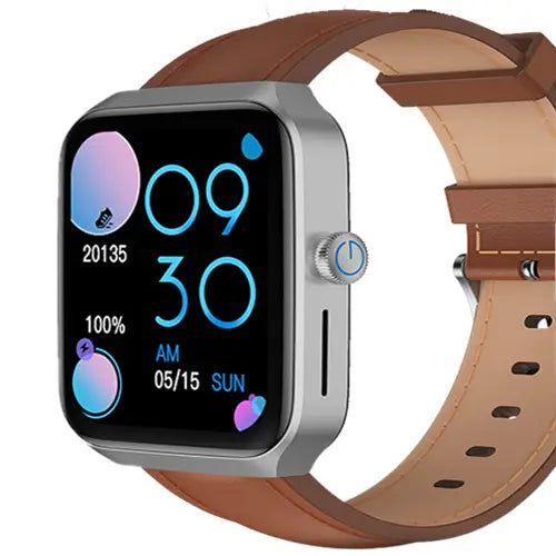 G-Tide S1 Lite Bluetooth Calling Smart Watch with brown leather strap on white background