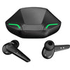 Black G11 TWS Stereo Bass Gaming Earbuds with a charging case, illuminated with green LED lights.