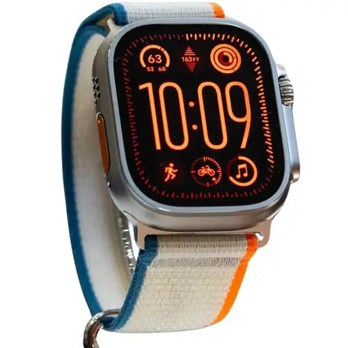 GS Ultra digital smartwatch with a silver case and a blue and orange strap, displaying time and various smart watch app icons on its screen.
