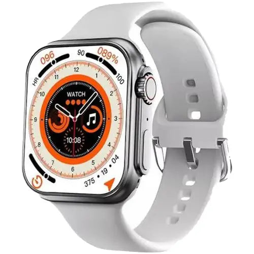 GS8 Plus Ultra digital smartwatch with a black band and silver case, displaying time, heart rate, and fitness metrics on its screen.