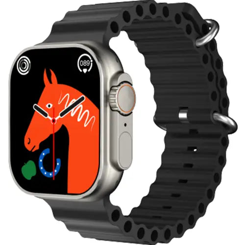 GW8 Ultra digital smart watch with a black band and a display featuring a colorful horse graphic.