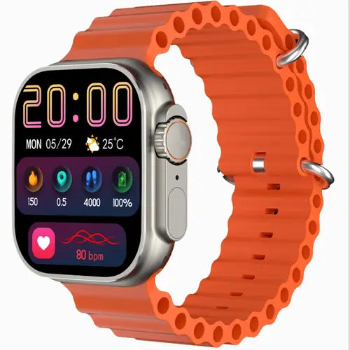 GW8 Ultra digital smart watch with a orange band and a display featuring a colorful clock graphic.