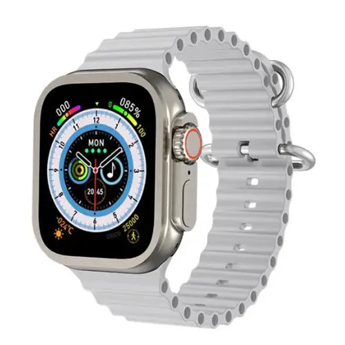 GW8 Ultra digital smart watch with a white band and a display featuring a colorful clock graphic.