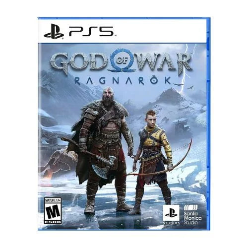 A cover image of the game 'God of War Ragnarok – PS5', featuring two characters, a snowy landscape in the background, and the game's title text.