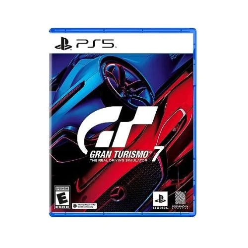 This image features the Standard Edition of "Gran Turismo 7 PS5" for PlayStation 5. The cover displays a striking image of a red and blue sports car, emphasizing the game's focus on high-performance vehicles and racing.