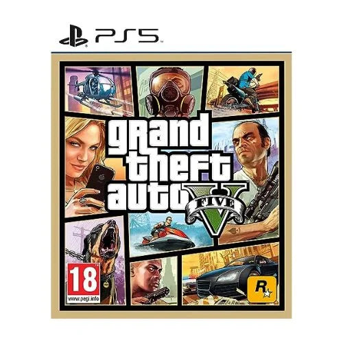 This image features the cover art of the game "Grand Theft Auto V PS5" (GTA V). The cover is vibrant and detailed, displaying a collage of various scenes and characters from the game.