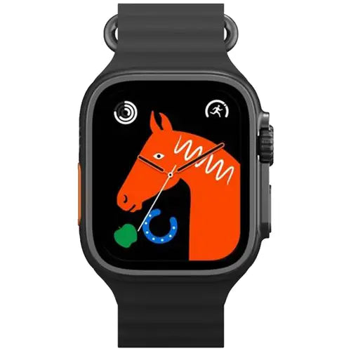 H11 Ultra smart watch with a silver metal case and an black silicone band, displaying a colorful horse face