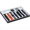H20 8 a collection of smart watch bands and accessories displayed in a box, including black, gray, and orange straps, along with a watch face and tools for adjustment.