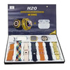 H20 8 Ultra Smart Watch and wireless earphone set packaging with accessories displayed.