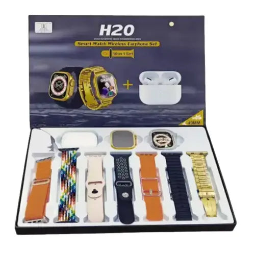H20 8 Ultra Smart Watch and wireless earphone set packaging with accessories displayed.