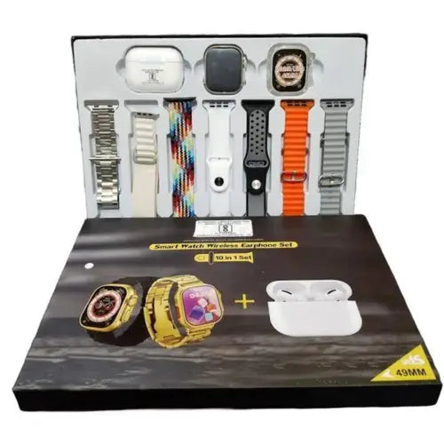 H20 8 Ultra Smart Watch and wireless earphone set packaging with accessories displayed.