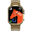 h9 luxury gold steel smart watch with a colorful horse face design on the watch face, set on a white background.