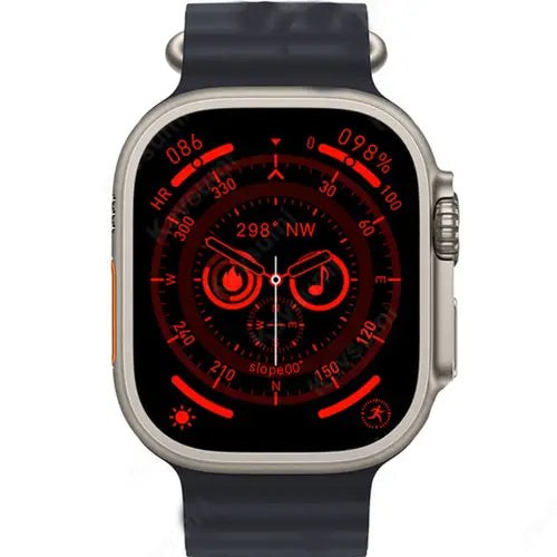 HK8 Pro MAX digital smart watch with a black band and silver case, displaying a red and black dial and digital indicators.