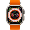 HK8 Pro MAX smart watch with orange band and colorful display on white background