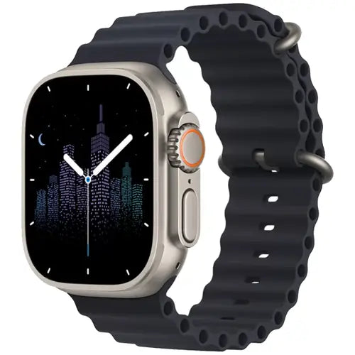 HK8 Pro digital smart watch with a black silicone strap and a silver metal casing, displaying a cityscape on its screen.