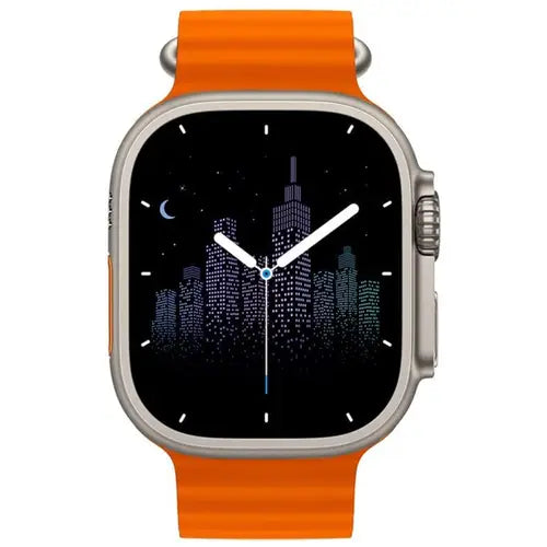 hk8 pro digital smart watch with a orange silicone strap and a silver metal casing, displaying a cityscape on its screen.