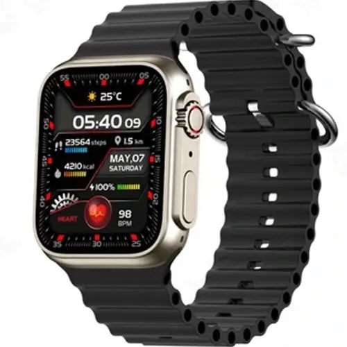HK9 Ultra 2 Gen2 A digital smartwatch with a black band and a silver-colored case, displaying time, temperature, and various smart notifications on its screen.