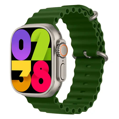 HK9 Ultra 2 Gen2 A digital smartwatch with a green band and a silver-colored case, displaying time, temperature, and various smart notifications on its screen.