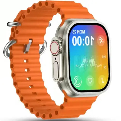 HK9 Ultra 2 Gen2 A digital smartwatch with a orange band and a silver-colored case, displaying time, temperature, and various smart notifications on its screen.