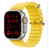 HK9 Ultra 2 Gen2 A digital smartwatch with a yellow band and a silver-colored case, displaying time, temperature, and various smart notifications on its screen.